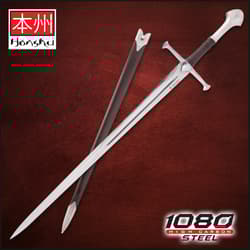 Longsword with sheath on red background, labeled 1080 high carbon steel