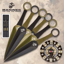 Set of five throwing knives with USMC logo and target