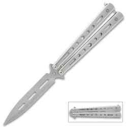 Silver butterfly knife with open blade and closed view inset