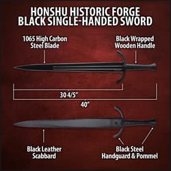 Diagram of Honshu black single-handed sword with dimensions and features