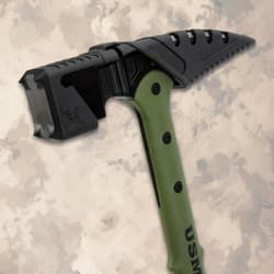 Close-up of the war hammer's head with a green handle