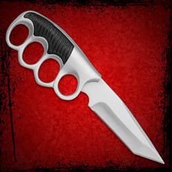 Knife with knuckle grip on red background