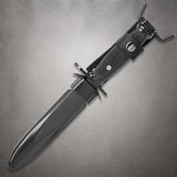 Tactical knife sheathed with black textured handle