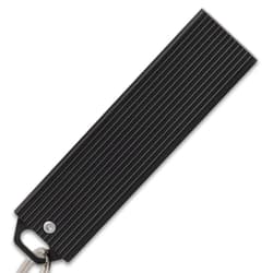 Closed black folding knife with a ribbed handle