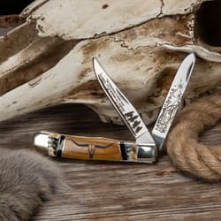 Knife with engraved blades beside animal skull and rope