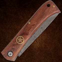 Closed folding knife with wooden handle and star emblem