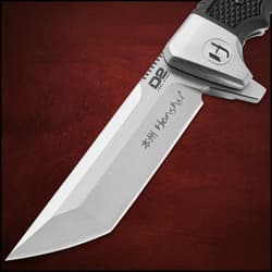 Close-up of Honshu knife blade with D2 steel marking