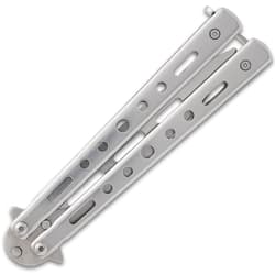 Closed silver butterfly knife with perforated handle
