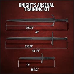 Three swords with measurements on a red background