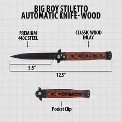 Diagram of stiletto knife with dimensions and features
