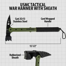USMC tactical war hammer with sheath, labeled parts