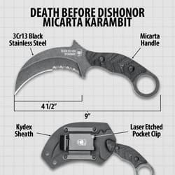 Diagram of karambit knife with sheath and specifications