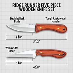 Two knives from the Ridge Runner Knife Set showing dimensions with straight back and Wharncliffe blades