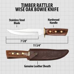 Diagram of Bowie knife with dimensions and sheath