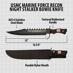 Diagram of knife with measurements and features