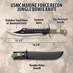 Diagram of USMC Marine Force Recon Jungle Bowie Knife features