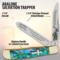Abalone Salvation Trapper knife with Christian-themed etched blades