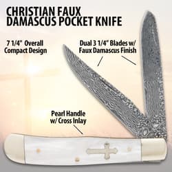 Christian faux Damascus pocket knife with specs