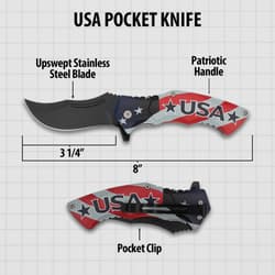 USA pocket knife with upswept stainless steel blade and patriotic handle, 8 inches long