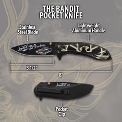 Diagram of 'The Bandit' pocket knife with dimensions and features