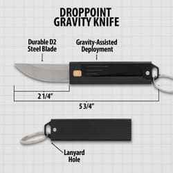 Diagram of a droppoint gravity knife with measurements