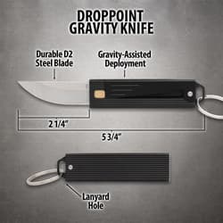 Diagram of a droppoint gravity knife with measurements and features labeled