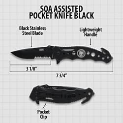 Diagram of black pocket knife with measurements and features