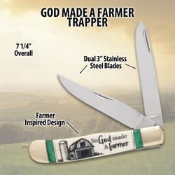 Pocket knife with dual blades, labeled 'God Made a Farmer Trapper'