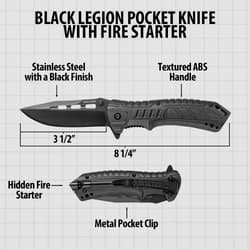 Black Legion knife chart showing a 3.5-inch blade, 8.25-inch open length, textured ABS handle, hidden fire starter and metal pocket clip