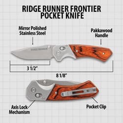 Ridge Runner pocket knife with dimensions and features labeled