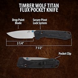 Diagram of Timber Wolf Titan Flux Pocket Knife with measurements