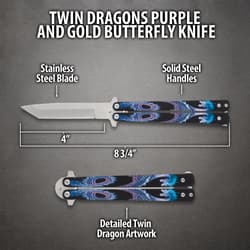 Diagram of butterfly knife with dimensions and dragon artwork