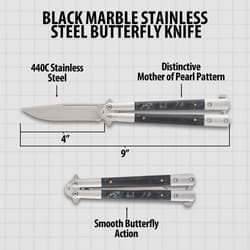 Diagram of black marble butterfly knife with measurements