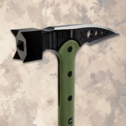 Detailed view of the war hammer's pointed end and handle