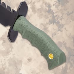 Close-up of green slip-resistant handle with textured grip