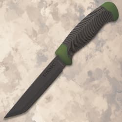 Black knife with textured handle and green accents