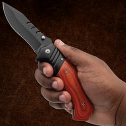 Hand holding a folding knife with wooden handle