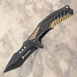 Open black and gold tactical knife with Marines logo
