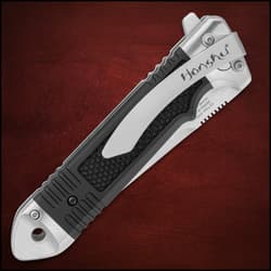 Folded Honshu knife showing pocket clip and handle