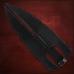 Black leather sheath for double-headed spear on red background