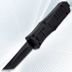 Black automatic knife with open blade