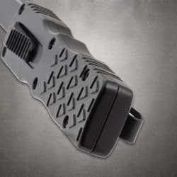Close-up of black knife handle with textured grip