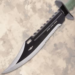 Bowie knife blade with sawback spine and engraved text