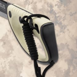 Close-up of kukri knife handle with black cord wrap