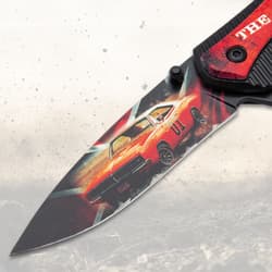 Knife blade featuring a car illustration