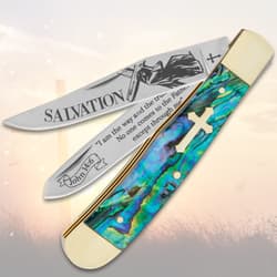 Pocket knife with abalone handle, cross inset, and open etched blades