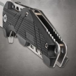 Close-up of the textured handle of a folding knife