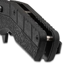 Close-up of textured handle on a folding knife