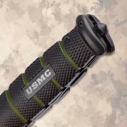 Close-up of USMC knife handle with logo