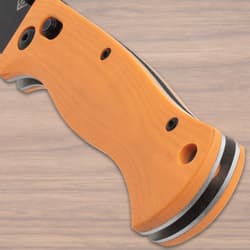 Close-up of orange knife handle with screws